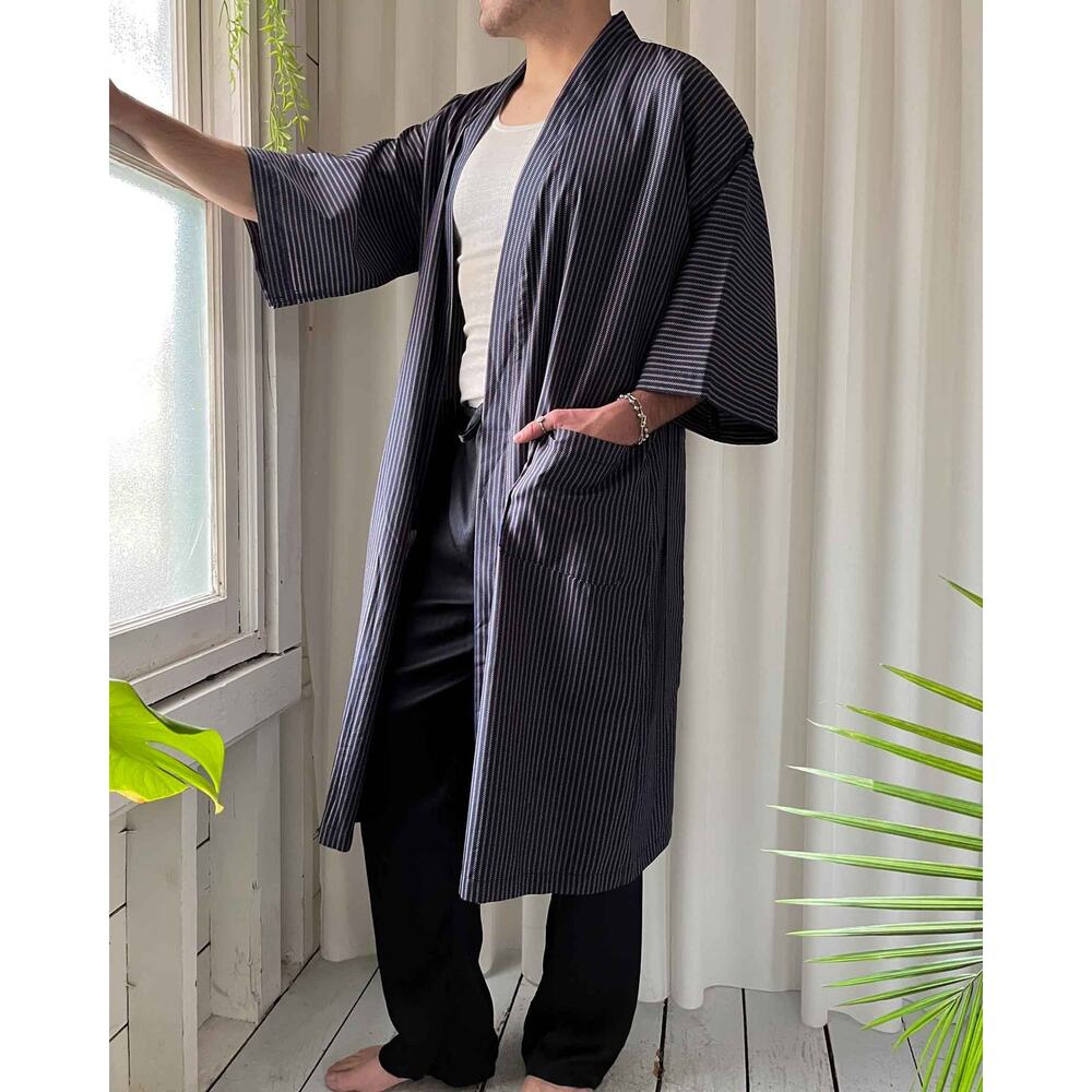 Christian Dior Monsieur Striped Robe Pockets Vintage 80s Blue One Size No Belt